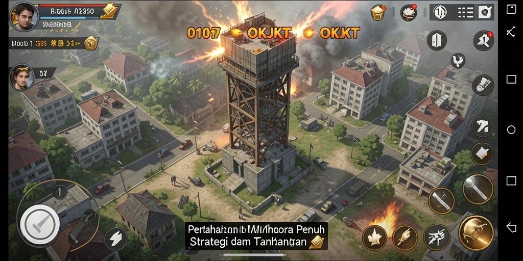 Screenshot gameplay OKJKT menampilkan pertempuran Tower Defense yang mendebarkan.