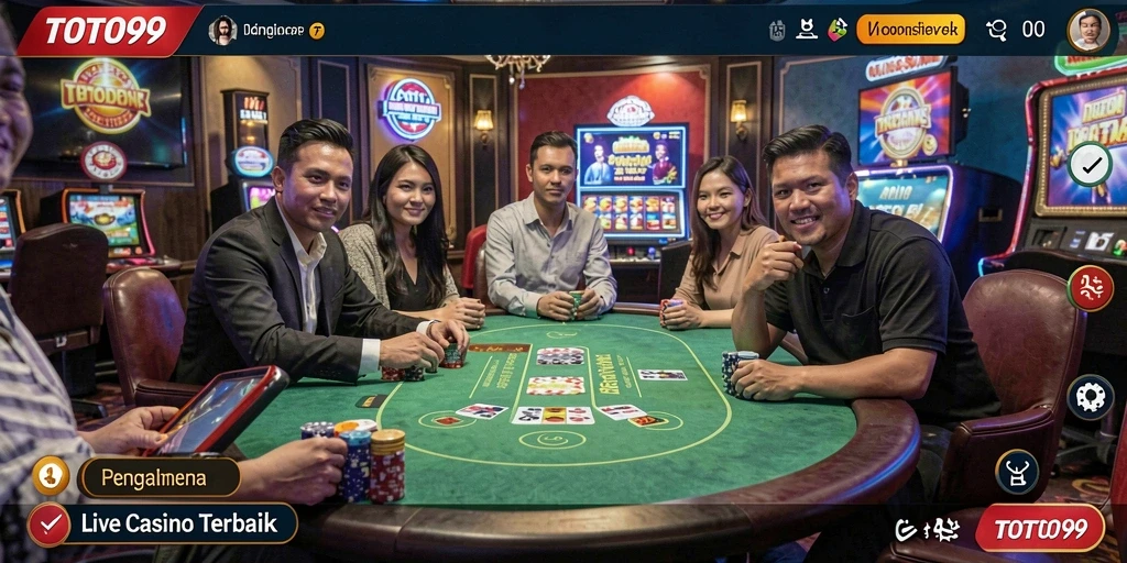 Screenshot gameplay TOTO99 menampilkan dealer profesional di meja Live Casino.